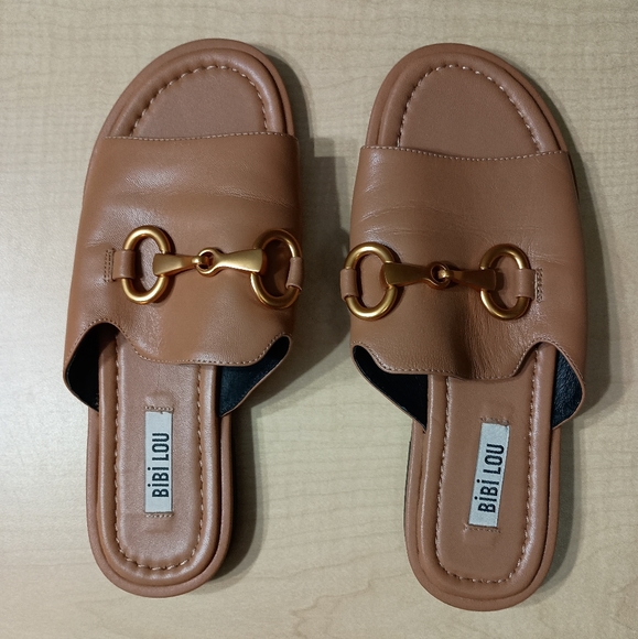 Anthropologie Bibi Lou Leather Hana Slides in Camel Size 7 - Picture 4 of 10